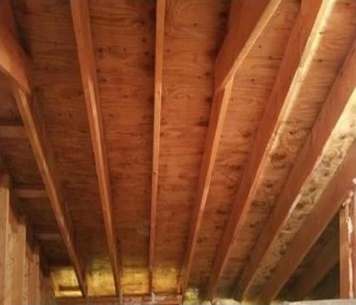 Attic ceiling with clean panels that have been dried and cleared from mold. 