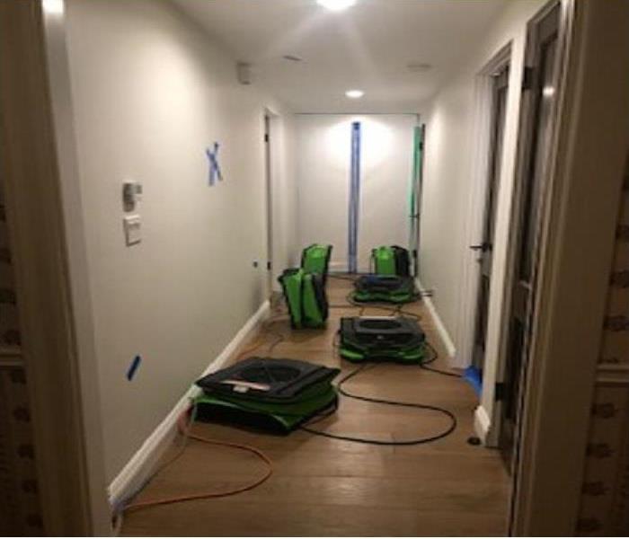 Hallway with white walls and wooden floors with 5 air movers facing all directions and 1 dehumidifier with a containment. 
