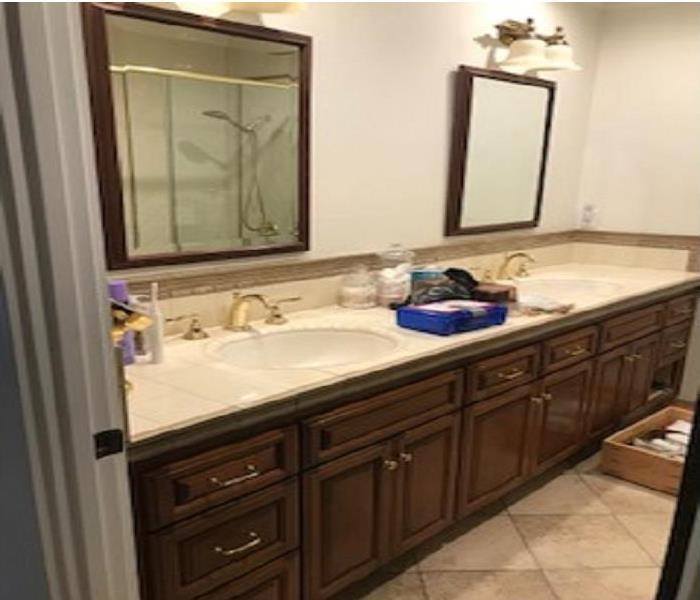 Bathroom vanity with 2 sinks and 2 vanity mirrors with dark wood cabinets