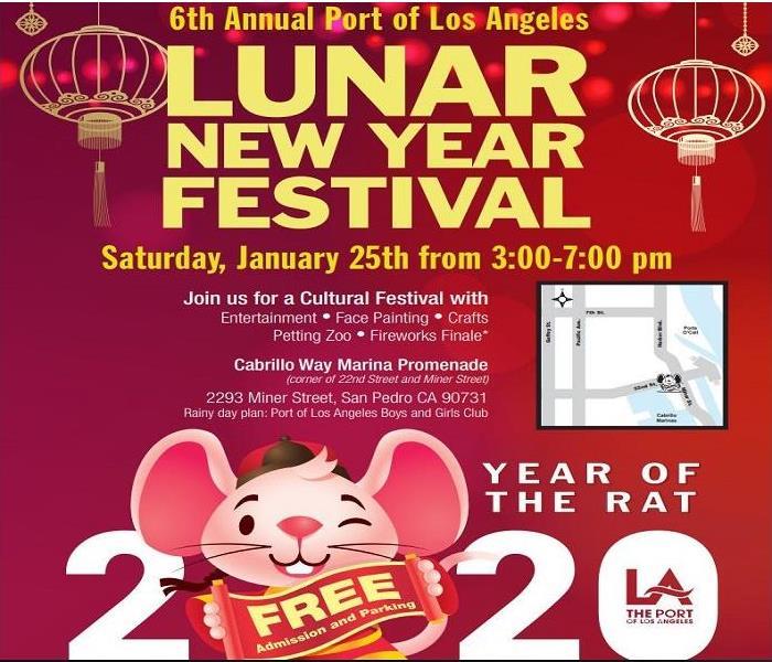 Red flyer with a smiling rat holding a sign "Free Admission" for Lunar New Year Festival