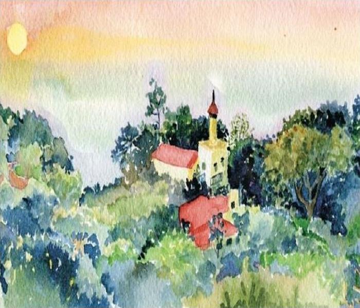 Water painting of the mountainside filled with beautiful flowers surrounding a home.