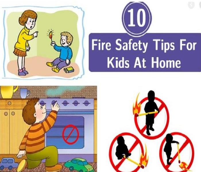 Cartoon figure of a mother scolding her child for holding matches, also with the text of 10 Fire Safety Tips for Kids at Home