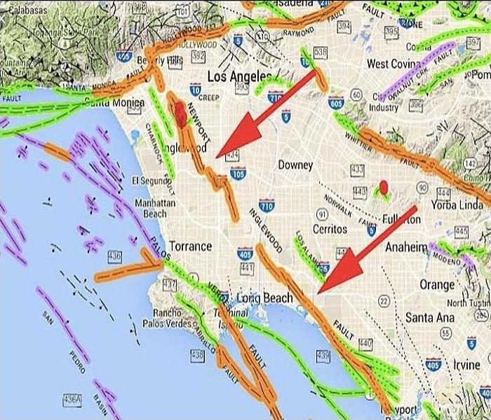 Map of Southern California empasizing with red arrows pointed from which city to city the fault lies.