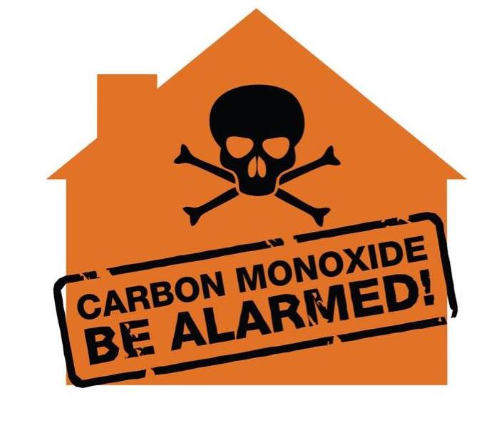 Outline of an orange home that has a skull and bones in the center. Stamped right under is Carbon Monoxide: Be Aware