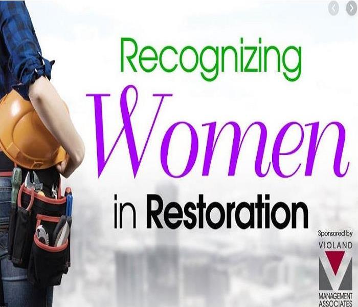 Half body shot of a woman holding a hard hat with a tool belt, with the text of Recognizing Women in Restoration